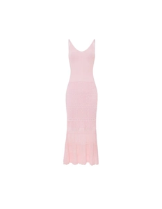 Detail of light pink knitted beach maxi dress featuring hollow out texture and V-neck line