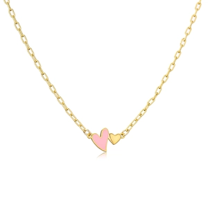 Detail of gold chain necklace with pink enamel heart and solid golden heart charms