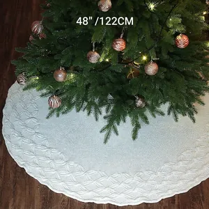 Knitted Christmas Tree Skirt Acrylic Cable Knit Spider Pattern Festive Decoration Round Base Cover Holiday Home Decor
