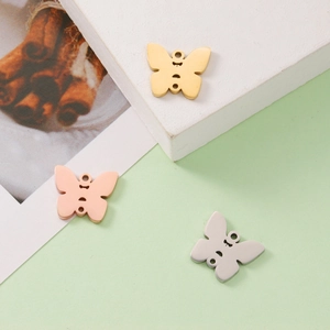 Three-color mirrored stainless steel butterfly charms in gold, rose gold, and silver finishes