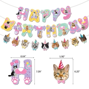 Cat theme happy birthday banner set with colorful macaron bunting and feline cutouts