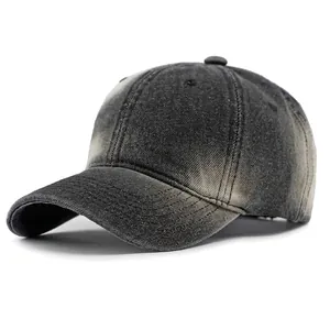 Vintage washed dark grey denim baseball cap for women with adjustable soft top and retro sun visor