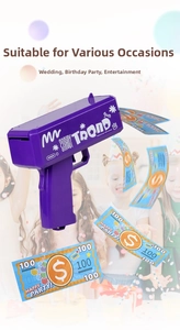 Action shot of a purple electric money gun spraying toy bills for a party