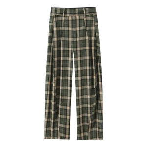 Pantalon À Carreaux Taille Haute Femme Jambe Large Droit Trousers Polyester Tissé Vintage Plaid Style Casual Streetwear