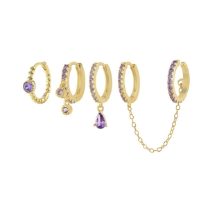 Close-up of five-piece gold chain fringe earring set featuring purple zircon stones