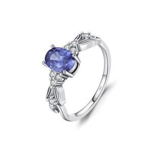 Elegant S925 sterling silver ring with oval purple gemstone and leaf-shaped details