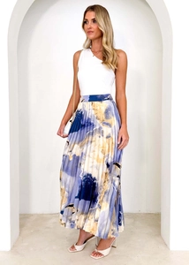 Detail view of high-waisted pleated skirt with artistic oil painting marble print