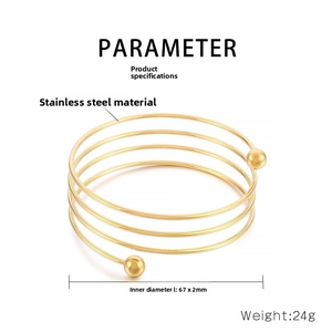 Detail of gold multi-layer stainless steel spring bracelet with size and weight specs