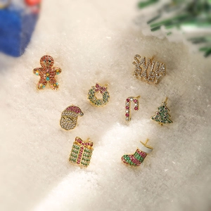 Christmas Stud Earrings Copper Zircon Rhinestone Santa Tree Gingerbread Man Novelty Jewelry For Women