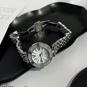 Women Quartz Watch Mother Of Artificial Pearl Dial Rhinestone Bezel Roman Numerals Waterproof Fashion Dress Wristwatch For Ladies