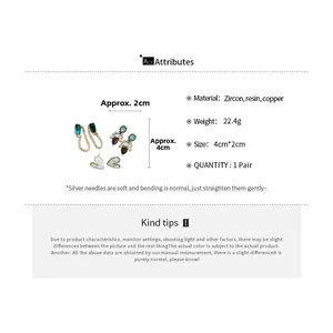 Size chart showing dimensions and materials for vintage zircon resin heart earrings set