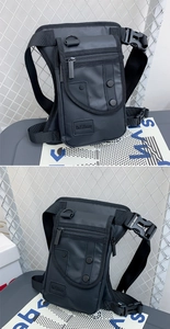 Détails de sacoche de jambe tactique noire avec plusieurs zips et boucle de fermeture