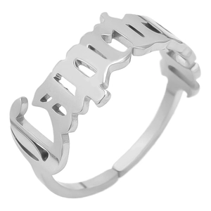Detail of silver stainless steel adjustable ring with BITCH letter hollow design