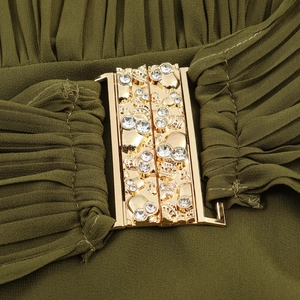 Elegant green pleated chiffon maxi dress with crystal-studded gold metal waist buckle