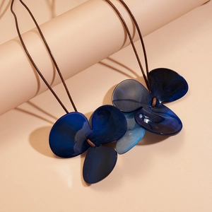 Minimalist double-layer cord necklace with deep blue acrylic three-petal flower pendant
