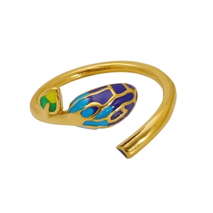 Artistic gold-plated branch ring with colorful enamel inlay on a white background