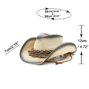 Straw cowboy hat detailing brim width of 7cm and hat height of 12cm with chin strap
