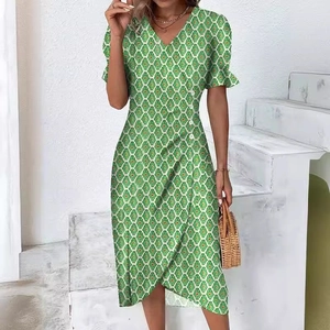 Summer green geometric print V-neck wrap midi dress with puff sleeves and button detail