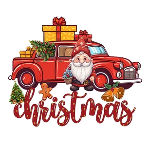 Christmas wall stickers featuring red vintage truck, Santa gnomes, and festive tree decorations