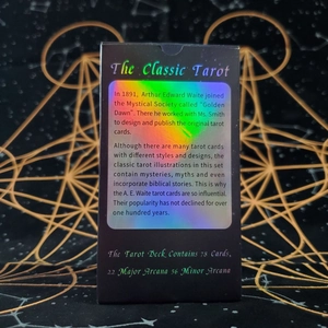 Detailed view of Classic Tarot box with rainbow holographic foil and sacred geometry art
