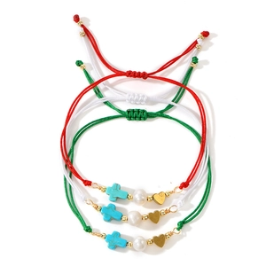 Handmade Woven Rope Bracelet With Cross Heart And Imitation Artificial Pearl Adjustable Bohemian Jewelry Gift For Women Girls