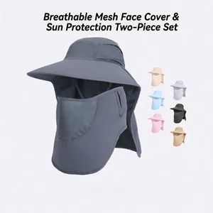 Sun Hat Wide Brim UV Protection Breathable Nylon Bucket Hat Detachable Face Mask Neck Flap Hiking Fishing Unisex