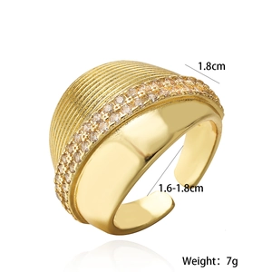 Wide 18K gold plated brass ring with horizontal stripes and cubic zirconia stones