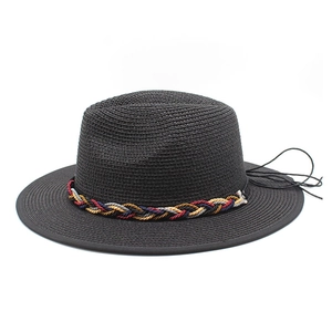 Cappello da sole in paglia nera con nastro intrecciato colorato per vacanze estive