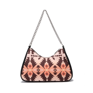 Detail of bohemian geometric pattern and silver chain strap on a stylish shoulder bag