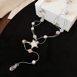 Double-layered silver necklace with star pendant, grey pearls and teardrop crystal