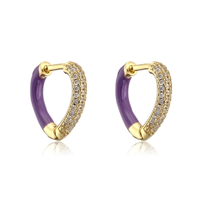 Detailed close-up of heart earrings featuring purple enamel and micro-pave crystals
