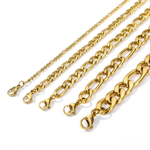 Detail of 18k gold plated stainless steel Figaro chains in five various widths