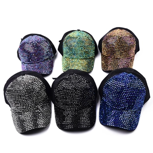 Set of six fashion baseball caps with high-density colorful rhinestones on black fabric