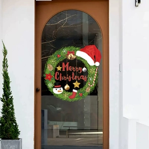Christmas wreath static window sticker with snowman and Merry Christmas lettering