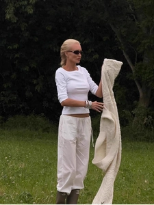Slim fit boat neck top in beige knit texture with long sleeves for a vintage aesthetic