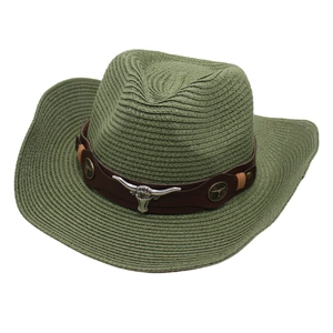 Army green woven straw western cowboy hat with silver bull head metal accessory