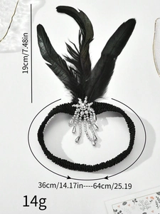 Detailed size specifications for the 1920s black feather headband with rhinestones