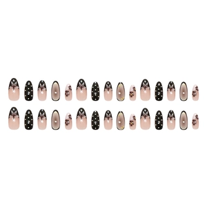 French retro caramel floral press-on nails with golden beads and polka dot designs