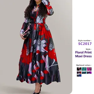 Floral Print Maxi Dress Long Sleeve Satin Polyester Lapel Button Up A Line Elegant Casual Women Vacation Long Swing Dress