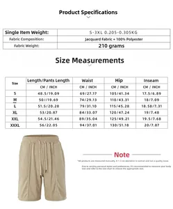 Detailed size chart for men's jacquard sports shorts with measurements in CM and INCH