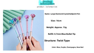 Detailed specs for 16cm big diamond crystal ballpoint pens with blue ink bullet tip