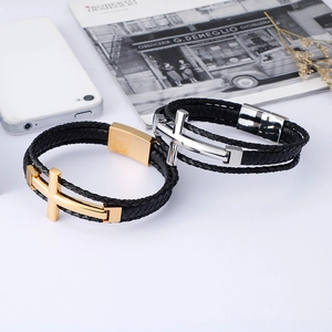 Men's multi-layer braided leather bracelet with gold and silver stainless steel cross