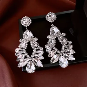 Boucles d'oreilles pendantes argentées avec strass et glands dans un écrin en velours noir