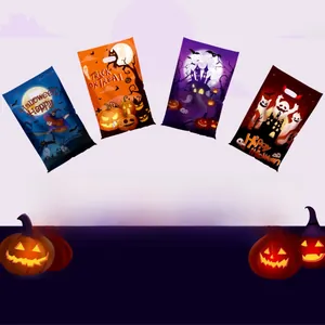 Set of four colorful Halloween plastic gift bags featuring witch and pumpkin illustrations