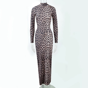 Close-up of leopard print maxi dress with long sleeves and high neckline on invisible mannequin
