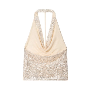 Haut dos nu à paillettes doré champagne avec une coupe sexy et une finition brillante