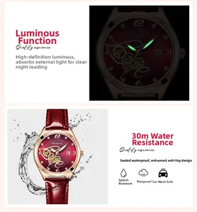 Dettaglio orologio donna oro rosa con lancette luminose e impermeabilità 30m