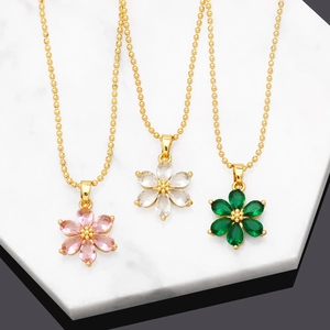 Flower Pendant Necklace Copper 18K Gold Plated Cubic Zirconia Six Petal Pear Cut Zircon Ball Chain Choker For Women