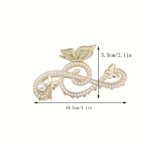 Golden musical note butterfly hair claw clip with pearls and rhinestones 10.5cm size