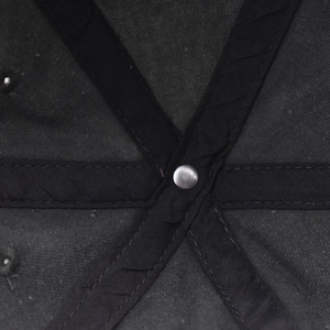 Macro shot of 6-panel interior construction with reinforced seams and metal rivet on cap